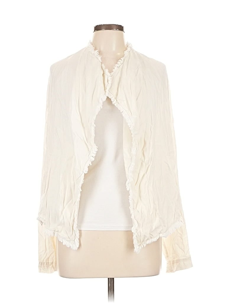 Pre-owned Go By Go Silk Long Sleeve Silk Top Ivory Ruffles Neckline Tops In White