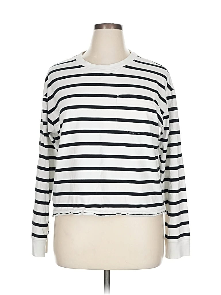Pre-owned Evereve Long Sleeve Top White Stripes Pattern Crew Neck Tops