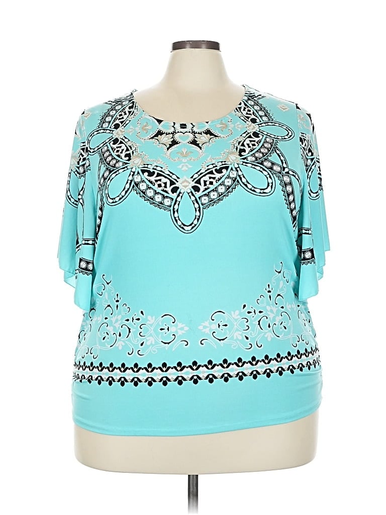 Pre-owned Jm Collection 3/4 Sleeve Top Teal Keyhole Neckline Tops In Blue