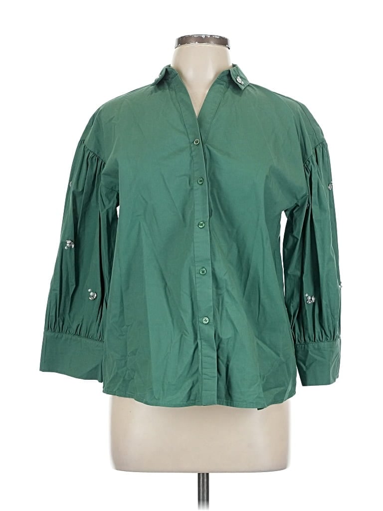 Pre-owned The Shirt By Rochelle Behrens 3/4 Sleeve Button Down Shirt In Green