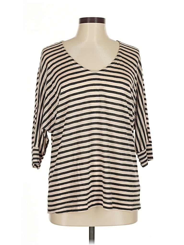 Pre-owned Splendid 3/4 Sleeve Top Ivory Stripes Pattern V Neck Tops In White