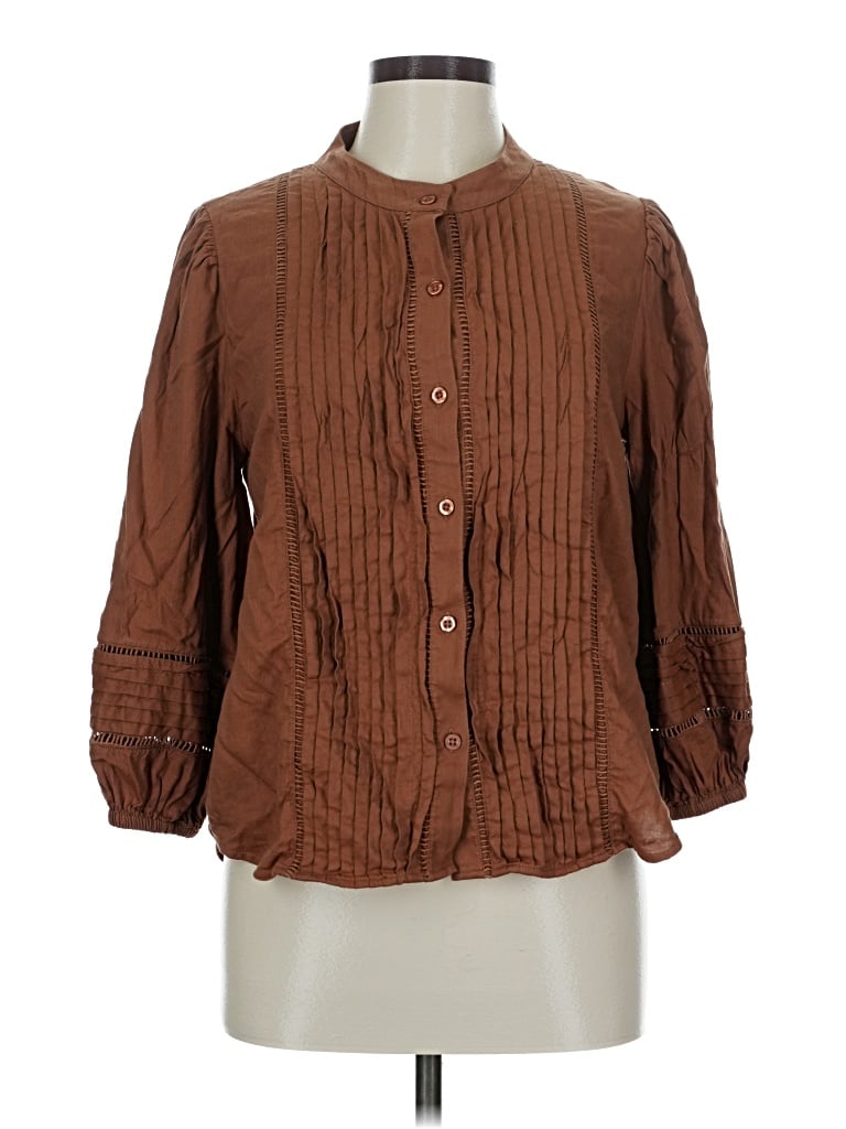 Pre-owned Evereve 3/4 Sleeve Button Down Shirt In Brown