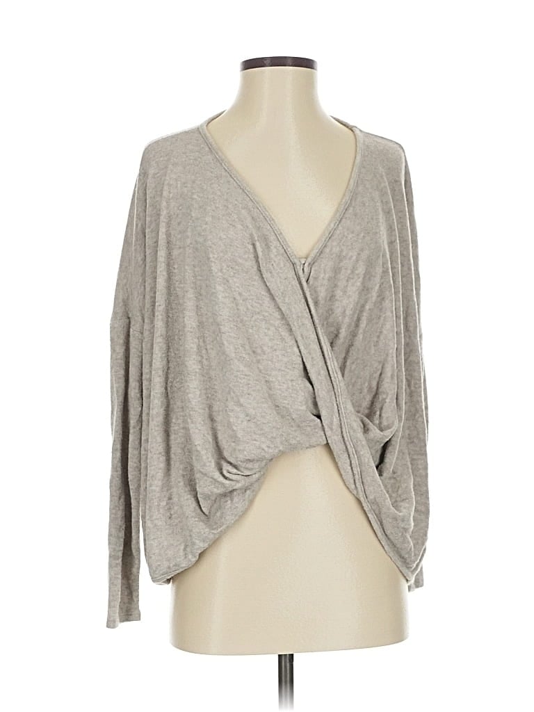 Pre-owned Self Contrast Long Sleeve Top Tan Plunge Neckline Tops In Brown