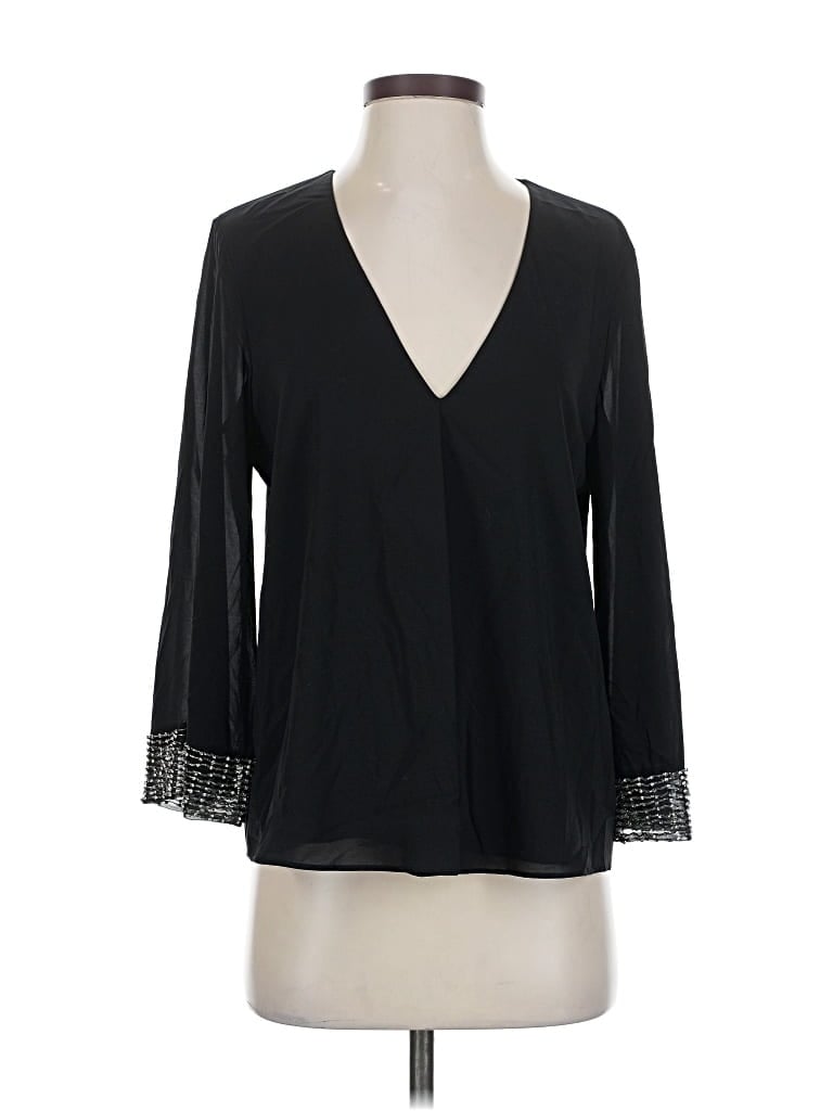 Pre-owned Alice And Olivia Alice + Olivia 3/4 Sleeve Silk Top Black Plunge Neckline Tops