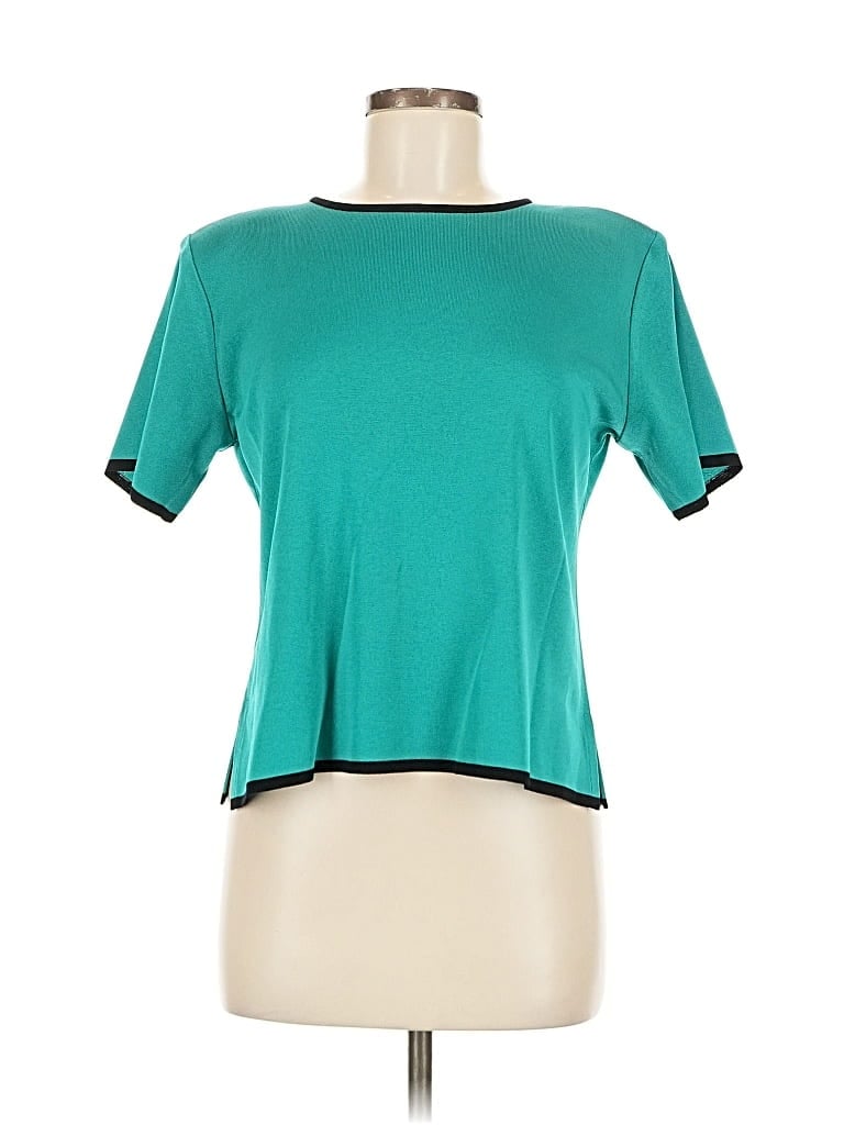 Pre-owned Misook Short Sleeve Top Teal Keyhole Neckline Tops In Blue