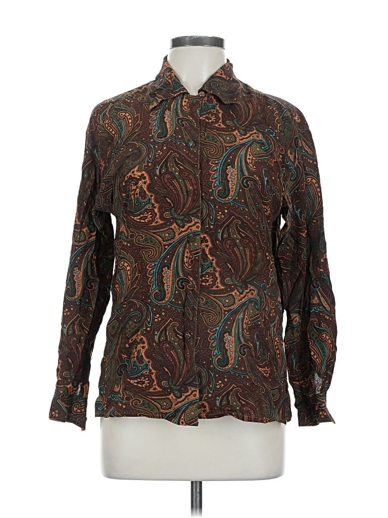 Pre-owned Sunny Leigh Long Sleeve Silk Top Brown Paisley Pattern Mock Neckline Tops