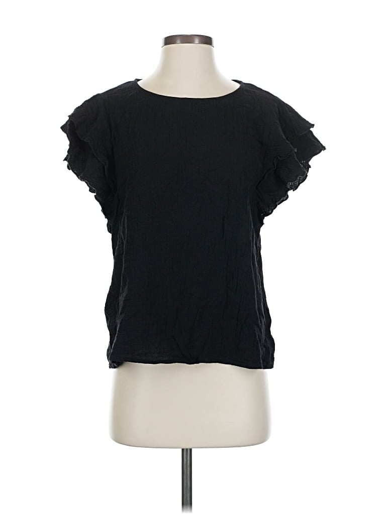 Pre-owned Bibi Short Sleeve Top Black Ruffles Neckline Tops
