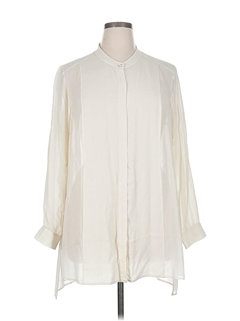 Pre-owned Eileen Fisher 3/4 Sleeve Silk Top Ivory Mock Neckline Tops In White