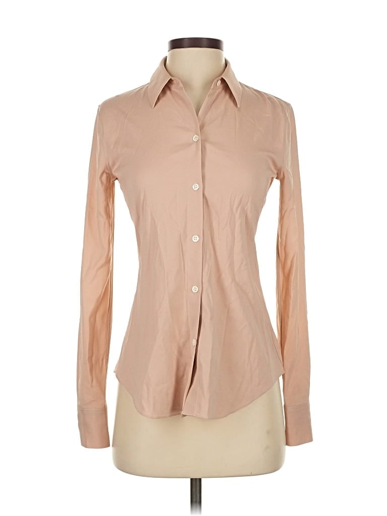 Pre-owned Theory Long Sleeve Silk Top Tan Mock Neckline Tops In Brown