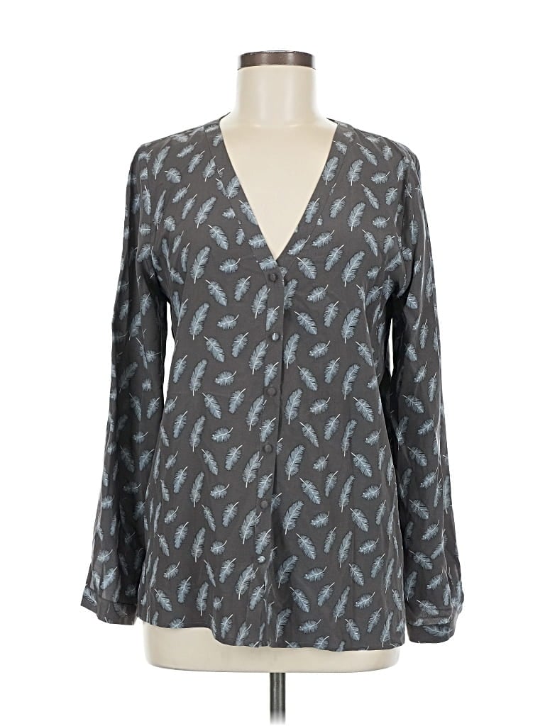 Pre-owned Joie Long Sleeve Silk Top Gray Plunge Neckline Tops