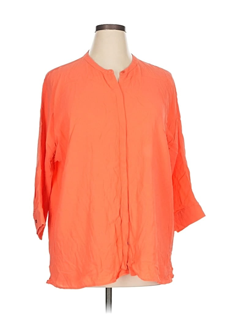 Pre-owned Eileen Fisher 3/4 Sleeve Silk Top Orange Keyhole Neckline Tops