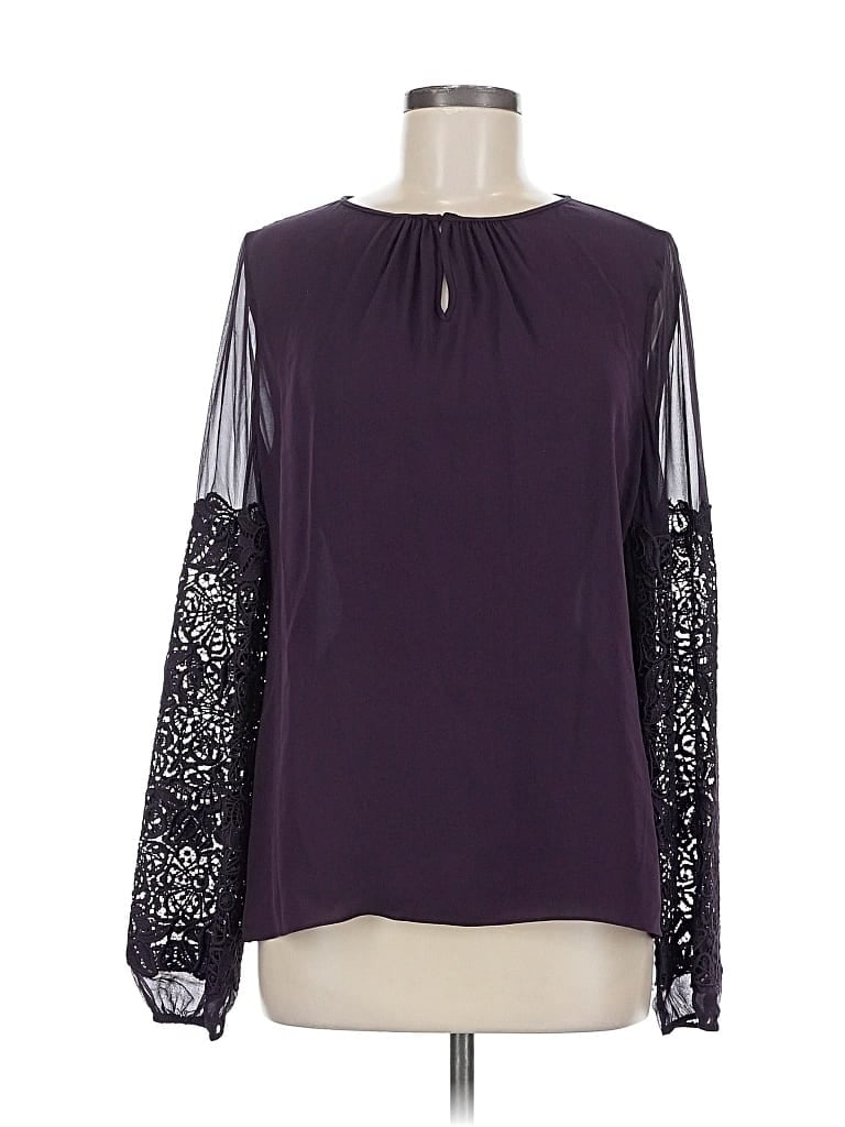 Pre-owned Elie Tahari Long Sleeve Silk Top Purple Keyhole Neckline Tops