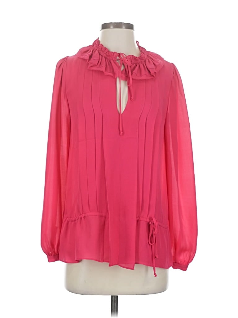 Pre-owned Bcbgmaxazria Long Sleeve Silk Top Pink Solid Pattern Tie Neck Tops