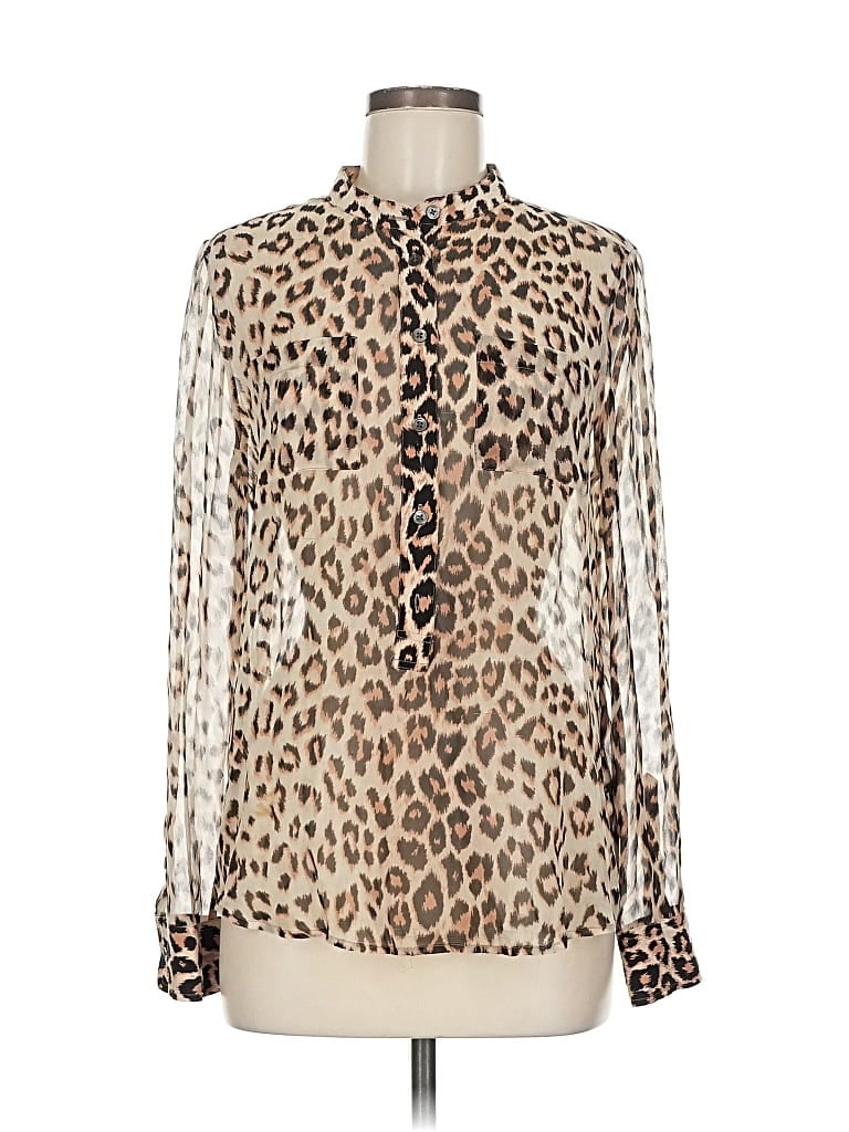 Pre-owned Equipment Long Sleeve Silk Top Brown Animal Print Pattern High Neck Tops