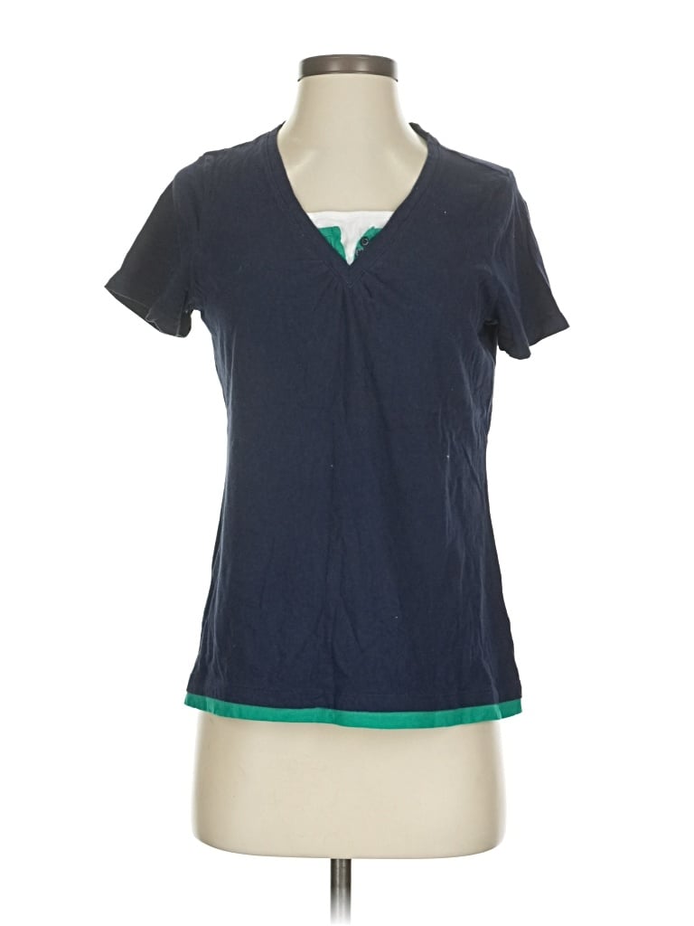 Pre-owned Basic Editions Short Sleeve Top Teal V-neck Tops In Blue