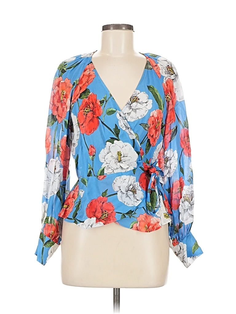 Pre-owned Parker 3/4 Sleeve Silk Top Blue Plunge Neckline Tops