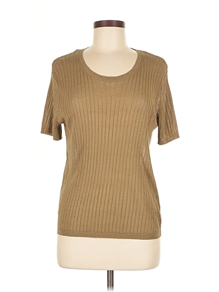Pre-owned Zara Short Sleeve Top Tan Scoop Neck Tops In Brown