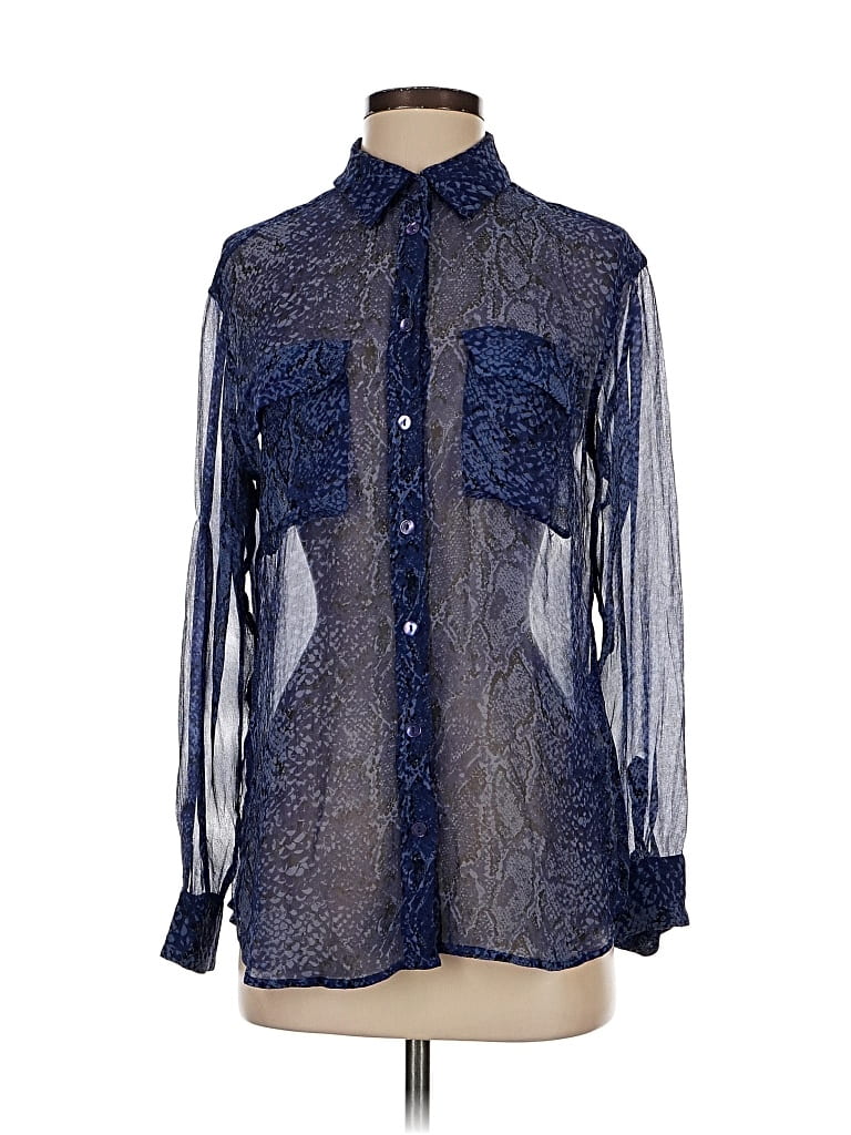 Pre-owned Equipment Long Sleeve Silk Top Blue Paisley Pattern Mock Neckline Tops
