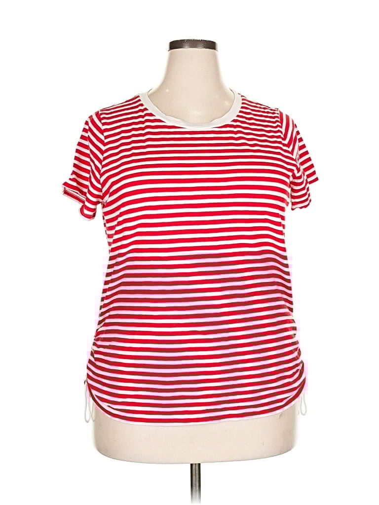 Pre-owned Liz Claiborne Short Sleeve Top Red Stripes Pattern Scoop Neck Tops