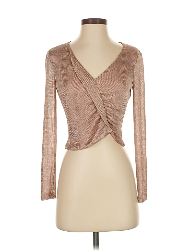 Pre-owned Ramy Brook Long Sleeve Top Tan Plunge Neckline Tops In Brown