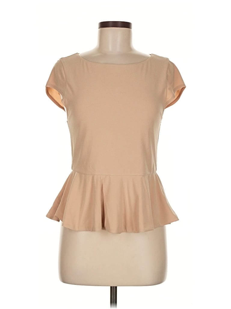Pre-owned Alice And Olivia Alice + Olivia Short Sleeve Top Tan Ruffles Neckline Tops In Brown