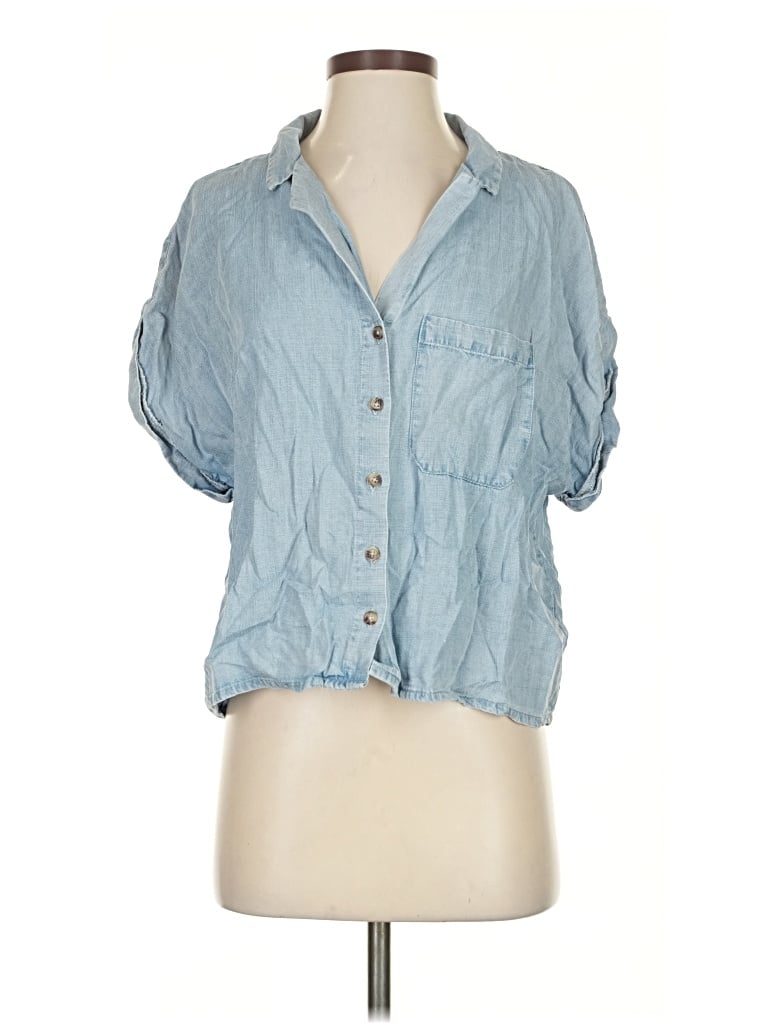 Pre-owned Evereve Short Sleeve Button Down Shirt In Blue