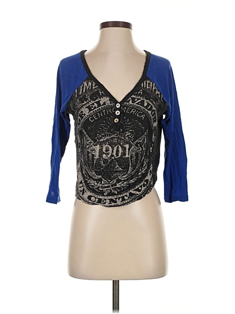 Pre-owned We The Free 3/4 Sleeve Top Blue Plunge Neckline Tops