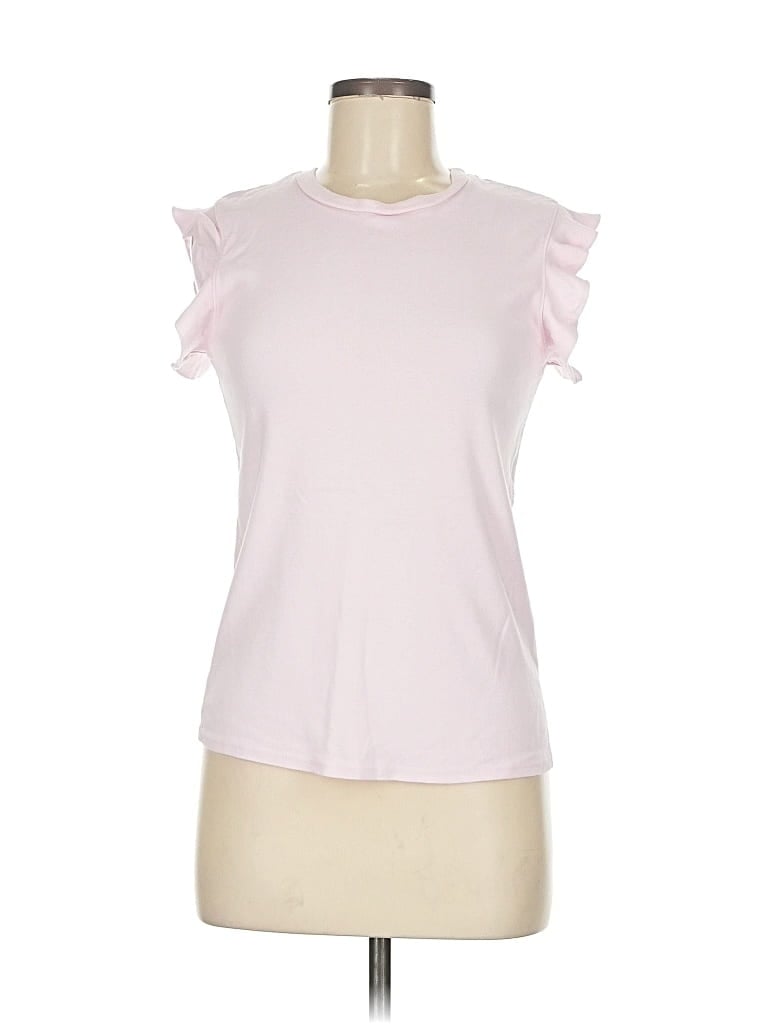 Pre-owned Three Dots Short Sleeve Top Pink Ruffles Neckline Tops