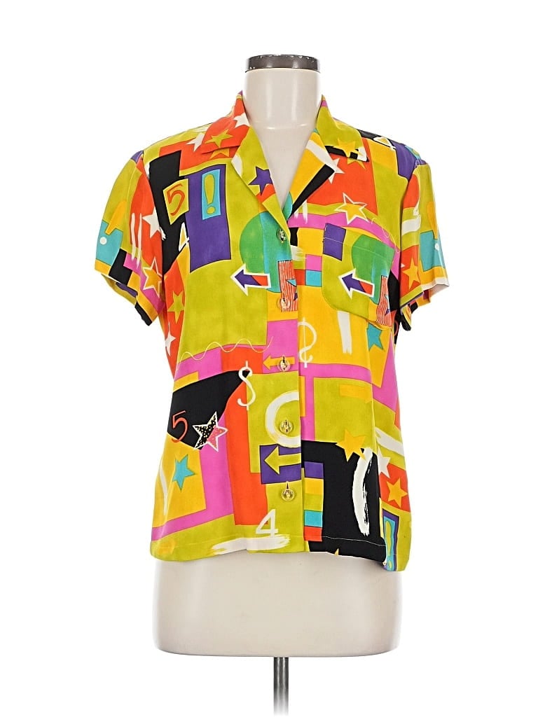 Pre-owned Dana Buchman Short Sleeve Silk Top Yellow Color Block Pattern Square Neckline Tops