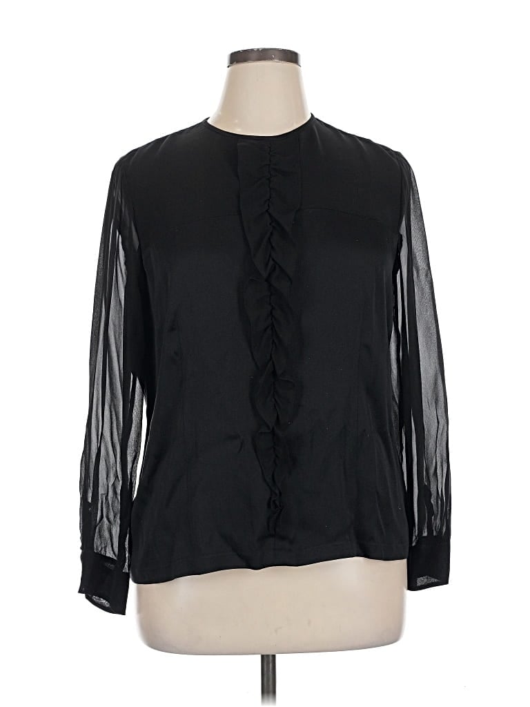 Pre-owned Ellen Tracy Long Sleeve Silk Top Black Mock Neckline Tops
