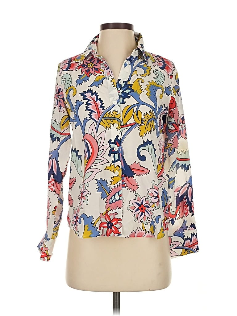 Pre-owned Boden Long Sleeve Silk Top Ivory Paisley Pattern Cowl Neck Tops In White