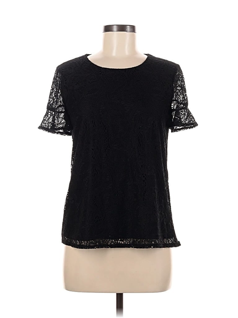 Pre-owned Liz Claiborne Career Short Sleeve Top Black Crew Neck Tops