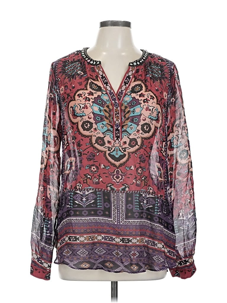 Pre-owned Hale Bob Long Sleeve Silk Top Burgundy V Neck Tops