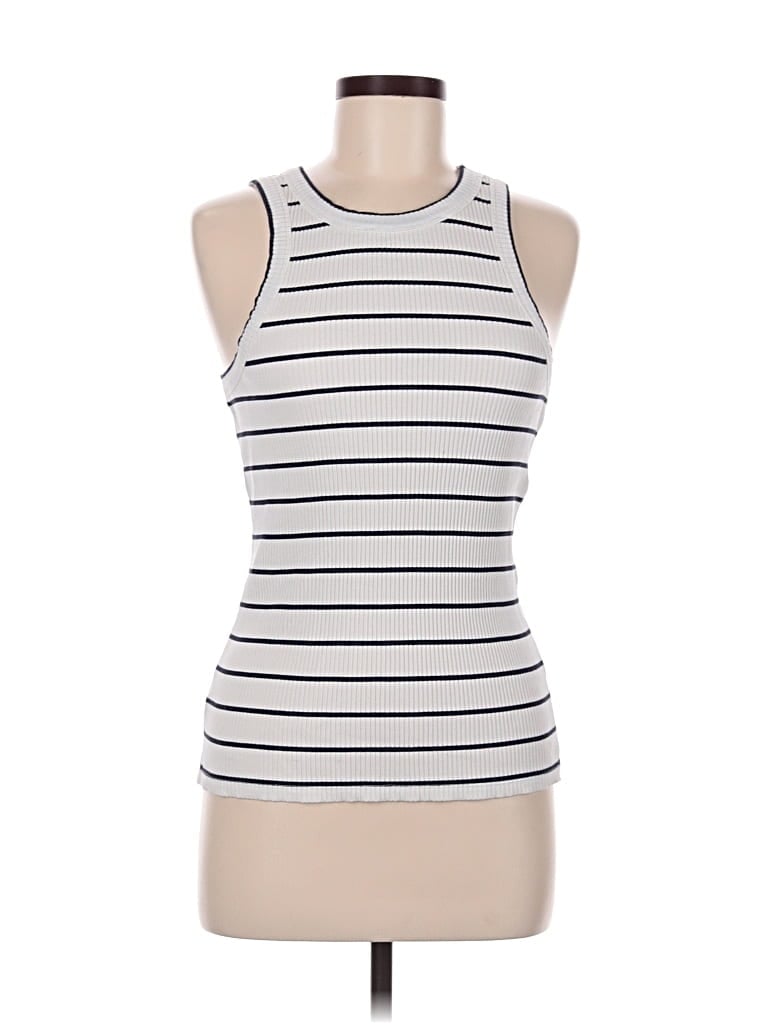 Pre-owned Ann Taylor Tank Top Ivory Stripes Pattern Crew Neck Tops In White