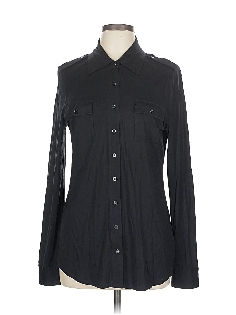 Pre-owned Tory Burch Long Sleeve Silk Top Black Collared Neckline Tops