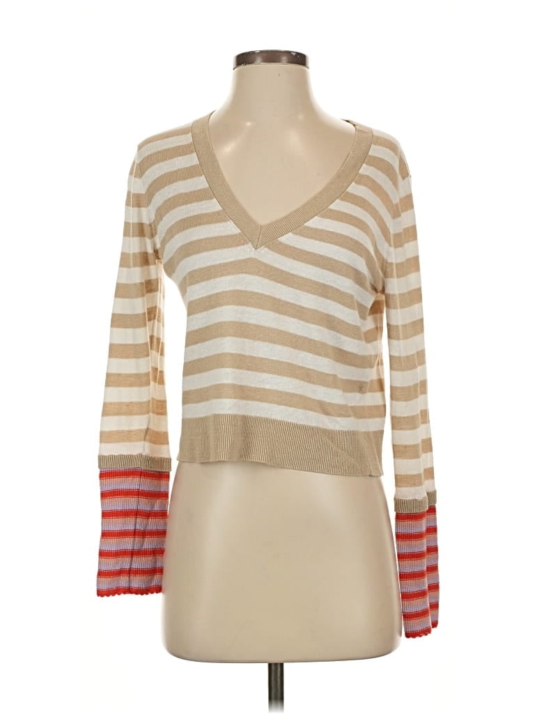 Pre-owned Veronica Beard Long Sleeve Top Tan Stripes Pattern V Neck Tops In Brown