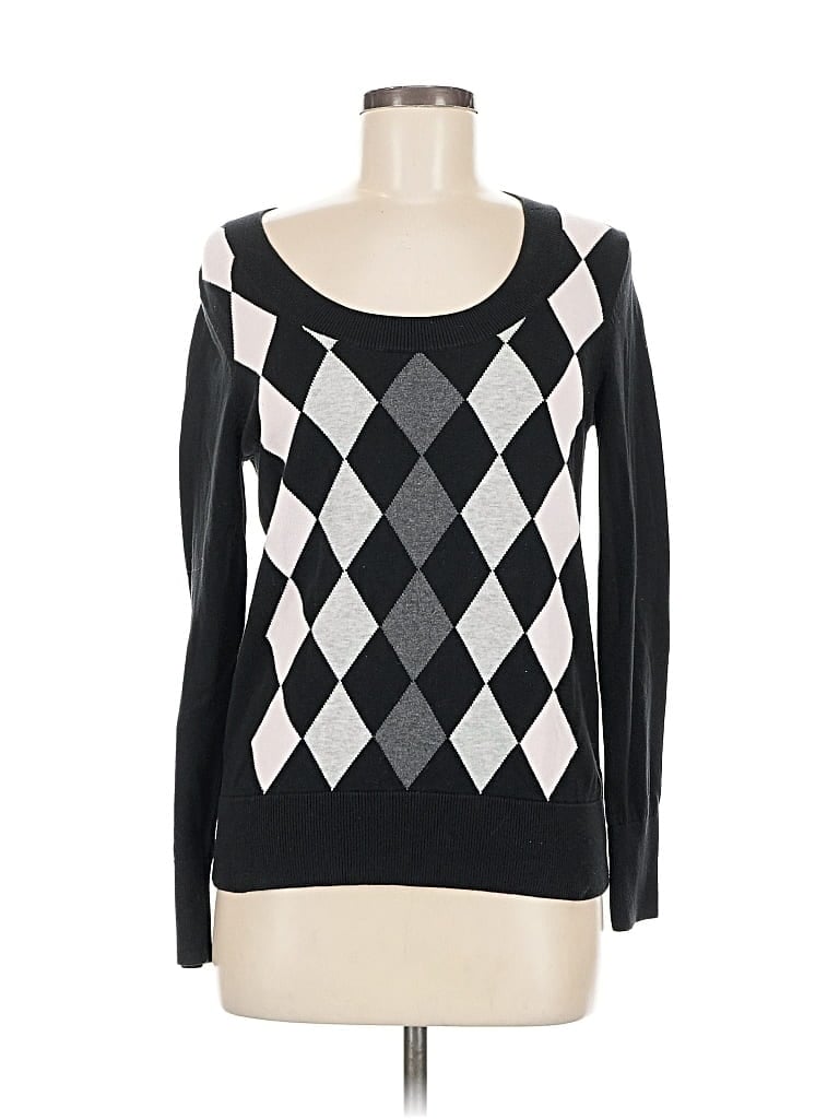 Pre-owned Tommy Hilfiger Long Sleeve Top Black Argyle Pattern Square Neckline Tops