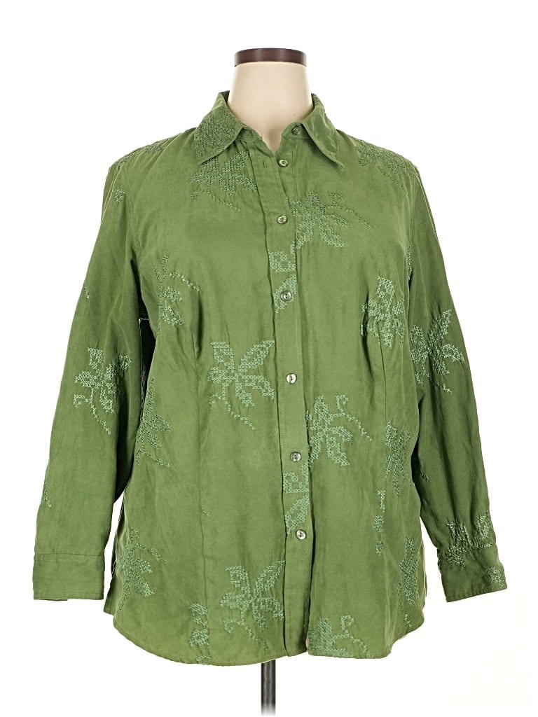 Pre-owned Coldwater Creek 3/4 Sleeve Button Down Shirt In Green