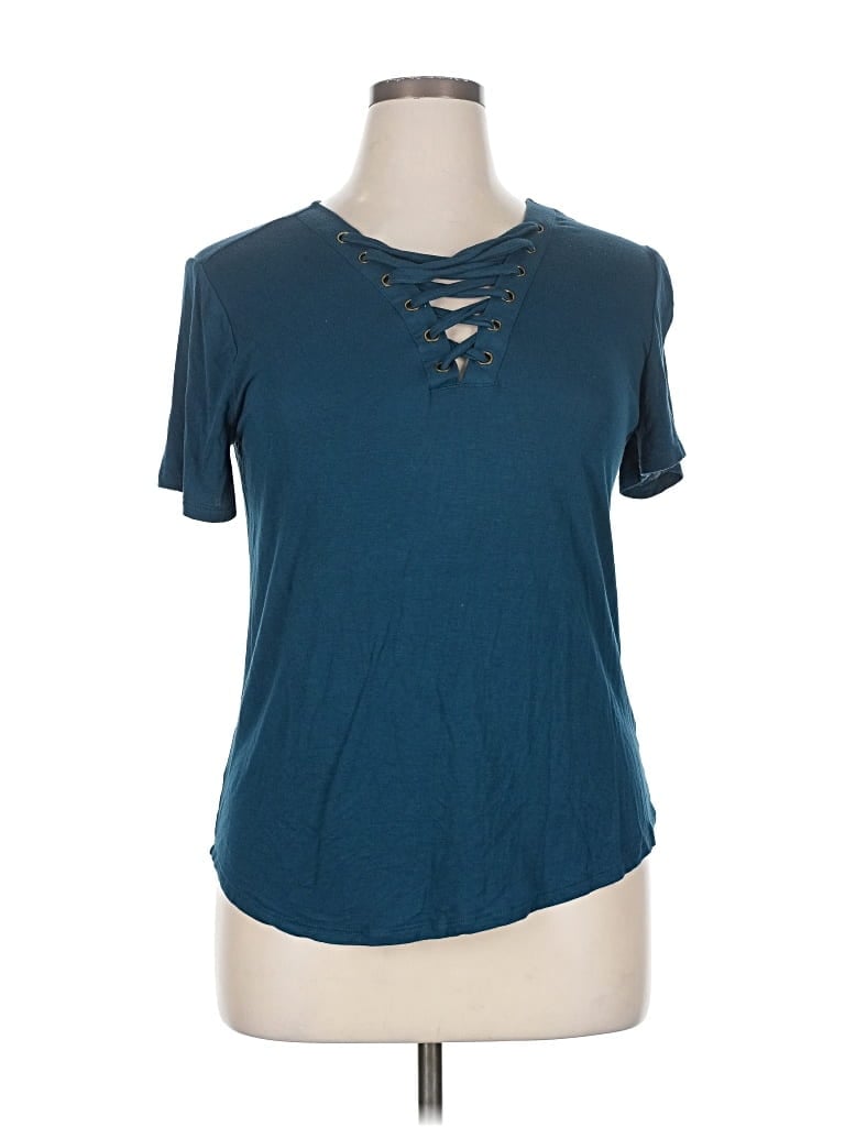 Pre-owned Mudd Short Sleeve Top Teal Keyhole Neckline Tops In Blue