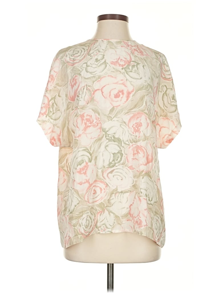 Pre-owned Liz Claiborne Collection Short Sleeve Silk Top Ivory Floral Pattern Mock Neckline Tops In White