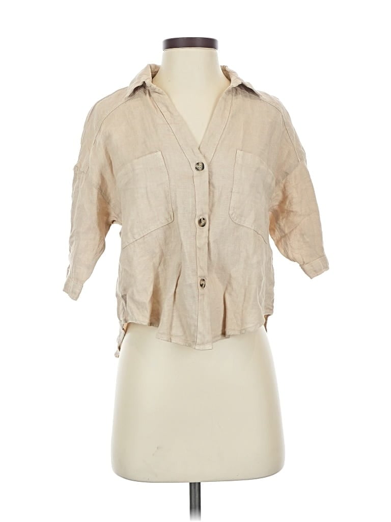 Zara 3/4 Sleeve Button Down Shirt In Brown