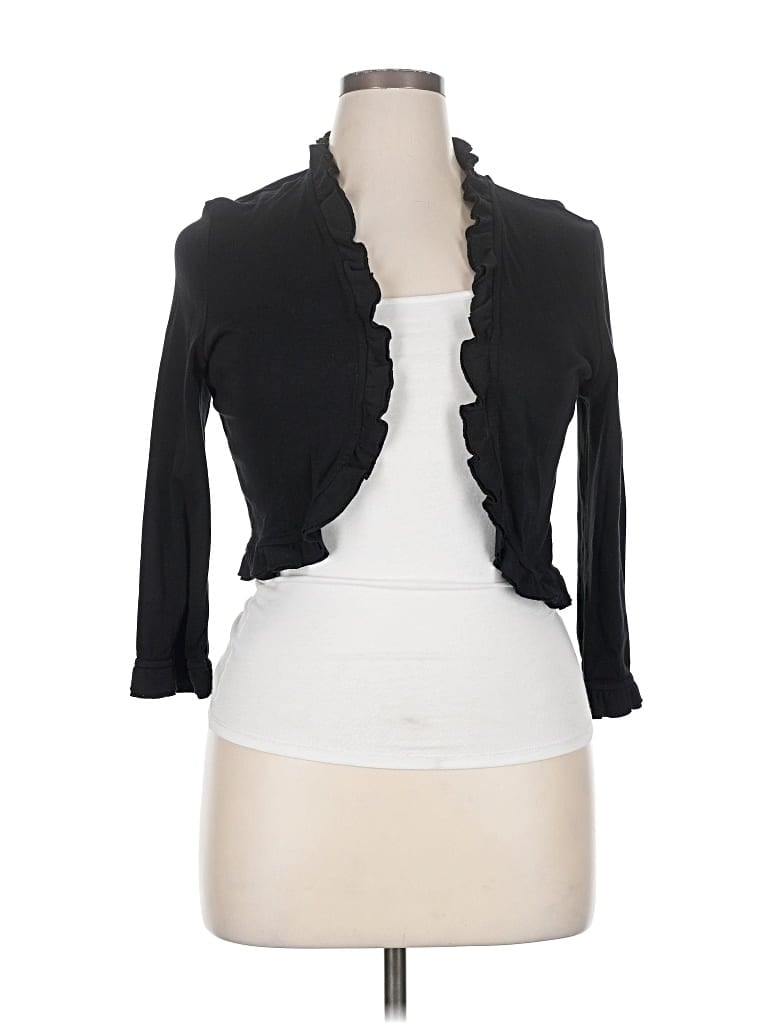 Pre-owned Charter Club 3/4 Sleeve Top Black Ruffles Neckline Tops