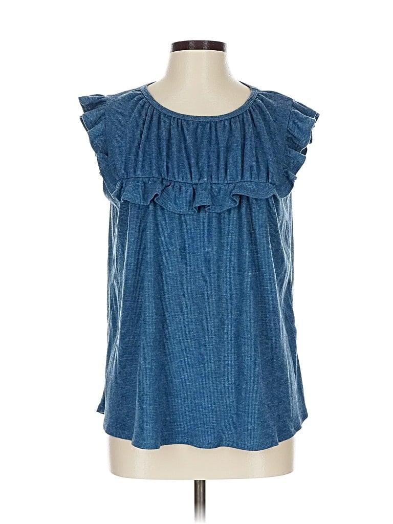Pre-owned Lovely J Short Sleeve Top Blue Ruffles Neckline Tops