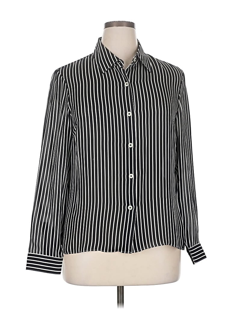 Pre-owned Michael Michael Kors Long Sleeve Silk Top Black Stripes Pattern High Neck Tops