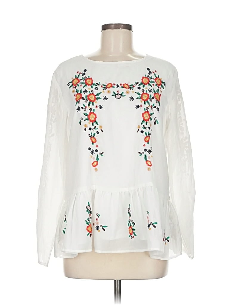 Pre-owned Jennifer & Grace Long Sleeve Blouse In White