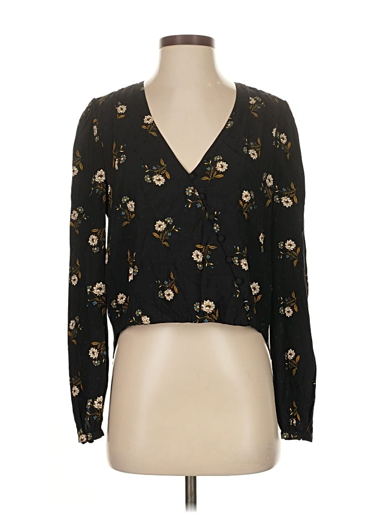 Pre-owned Veronica Beard Long Sleeve Silk Top Black Plunge Neckline Tops