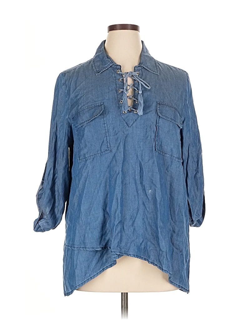 Pre-owned Karen Kane Long Sleeve Blouse In Blue