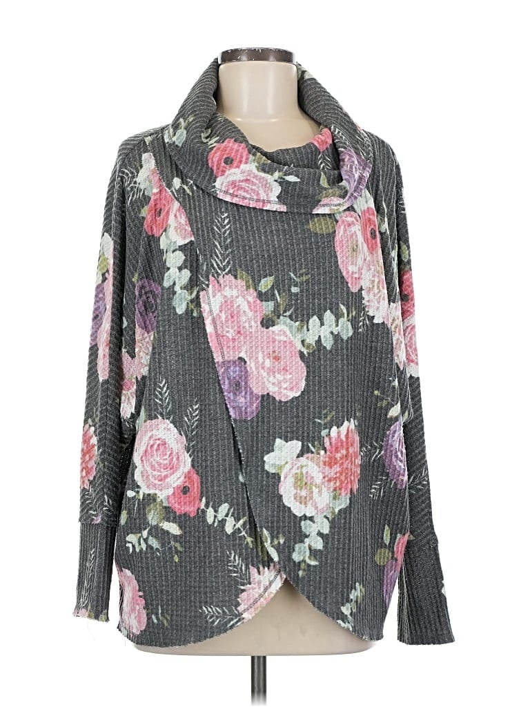 Pre-owned Lularoe Long Sleeve Top Gray Floral Pattern Cowl Neck Tops
