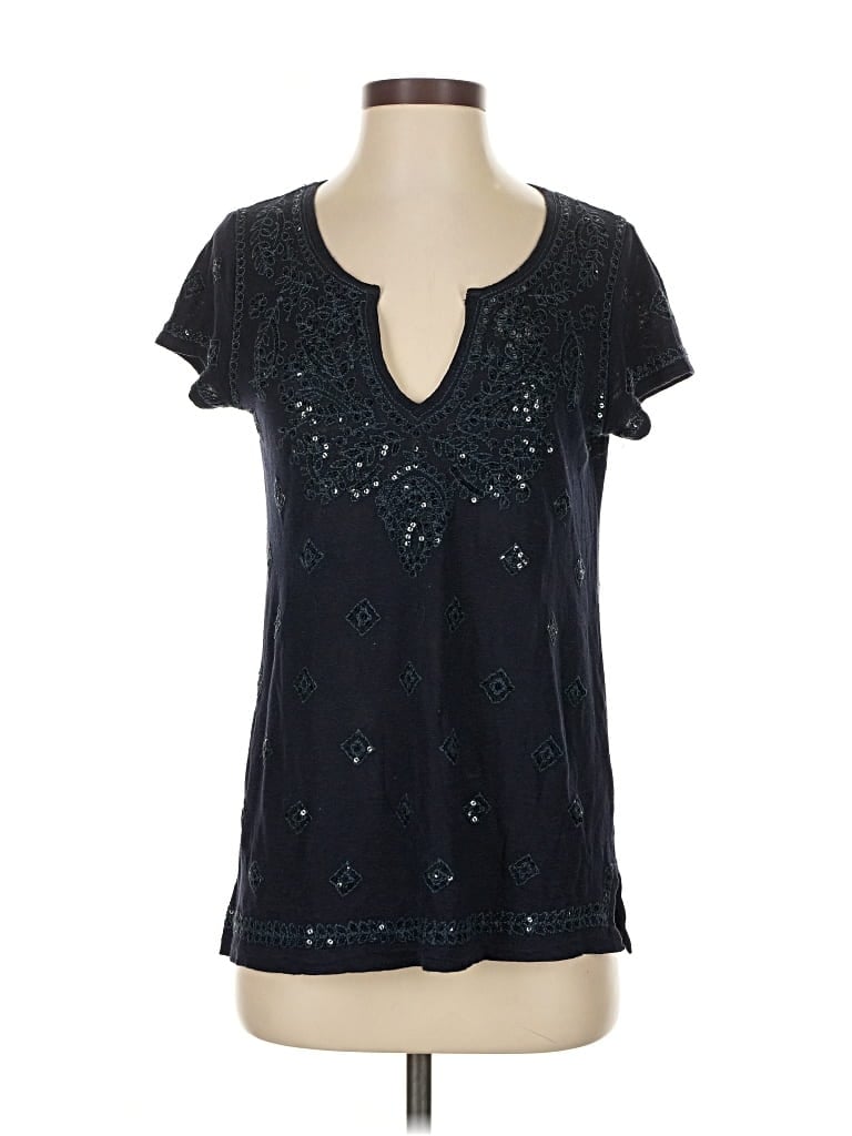 Pre-owned Calypso St Barth Short Sleeve Top Black Stars Pattern Keyhole Neckline Tops