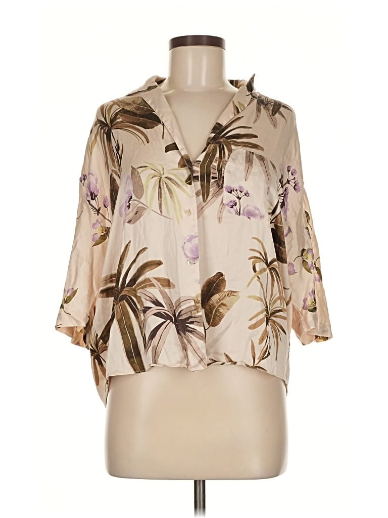 Pre-owned Vince Short Sleeve Silk Top Tan Tropical Pattern Plunge Neckline Tops In Brown
